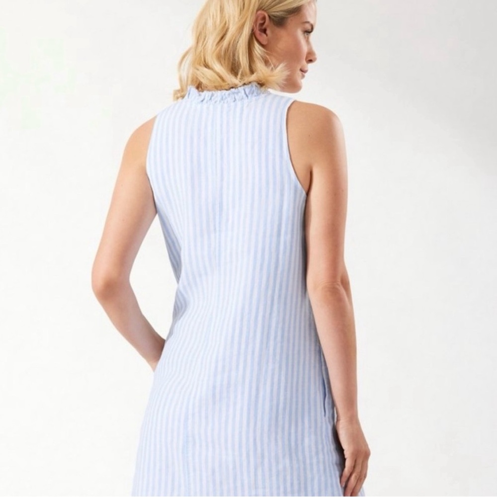 New Tommy Bahama Two Palms Mini Cabana Stripe Ruffle Linen Dress in Light Sky - Picture 2 of 10